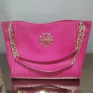 Tory Burch Raspberry Pink Britten Tote Gold Bag